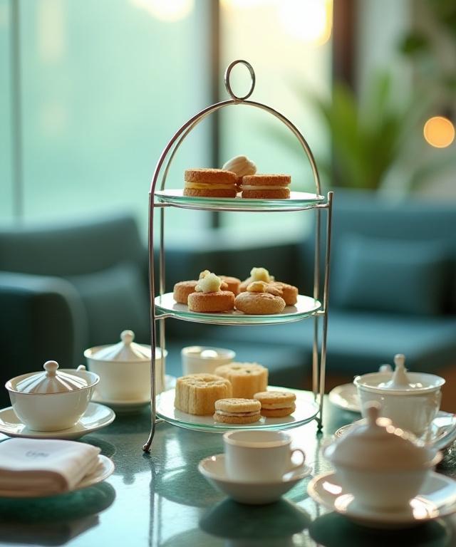 三段のティースタンドに並ぶ氷河をイメージしたスイーツとセイボリー