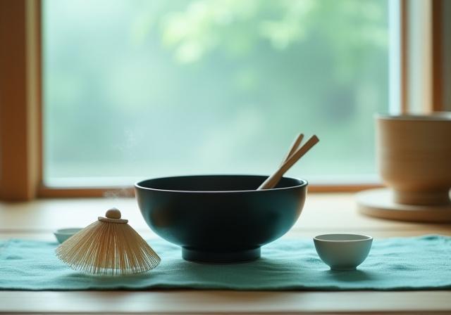 伝統的な茶道の道具とモダンな空間